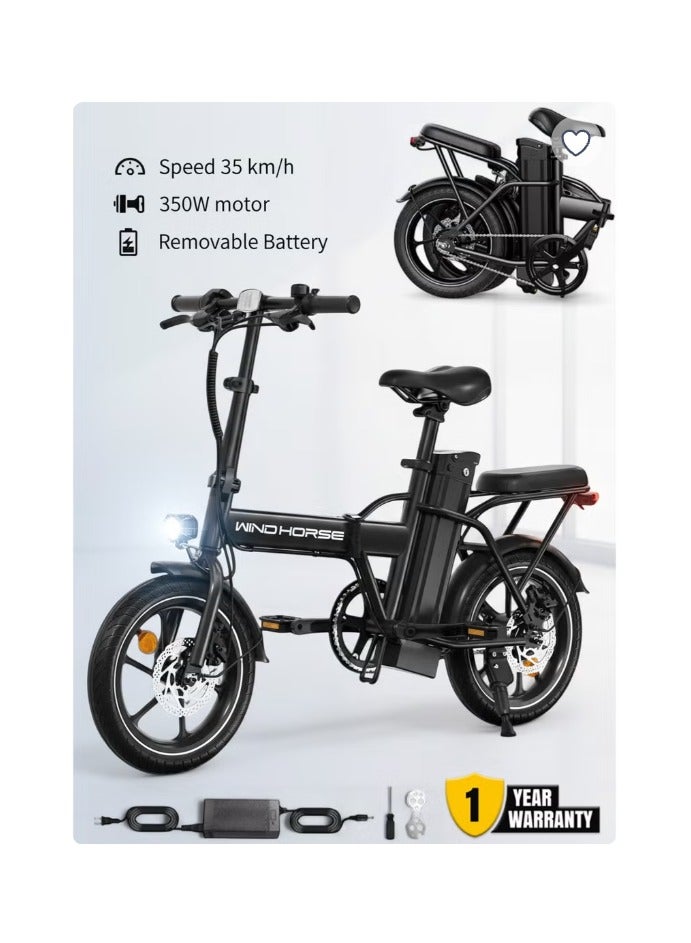 ويندهورس دراجة كهربائية قابلة للطي بمحرك عالي السرعة 350 واط، بطارية 36 فولت 8 أمبير، سرعة تصل إلى 35 كم/ساعة، مدى 30 كم، فرامل قرصية مزدوجة، مع مقعدين وخوذة وسترة أمان - Image 1